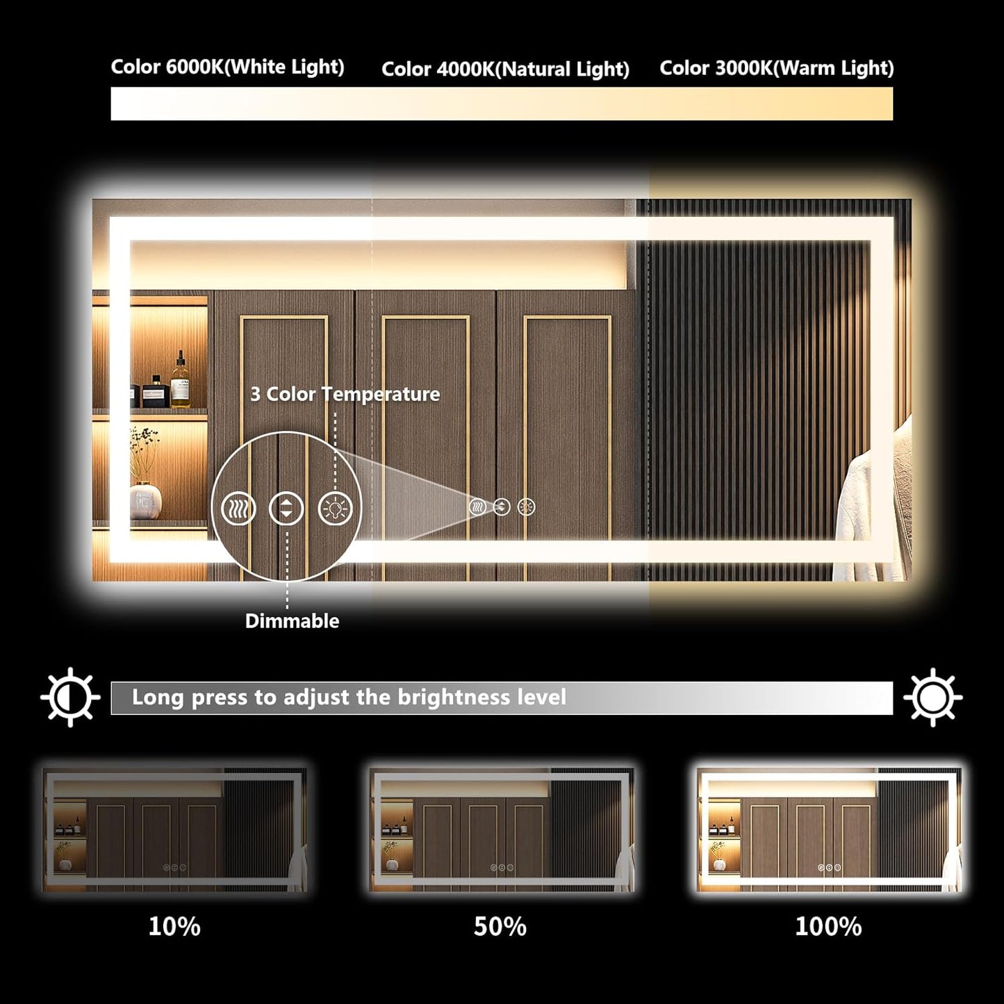 72x36 Inch LED Bathroom Mirror with Lights Front and Backlit Lighted Vanity Mirror for Bathroom Wall with 3 Colors Dimmable Anti-Fog Memory Shatter-Proof IP54 Waterproof Horizontal/Vertical