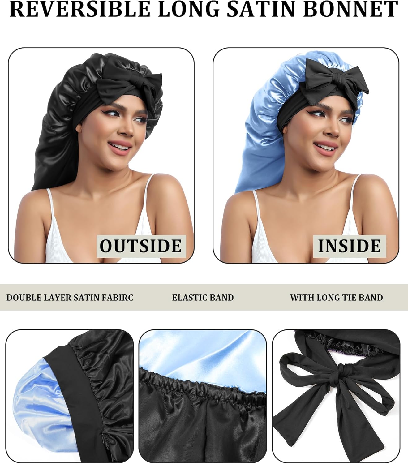 AWAYTR Long Satin Bonnet for Sleeping - Double Layer Reversible Silk Bonnet for Long Hair Women Sleeping Cap with Tie Band
