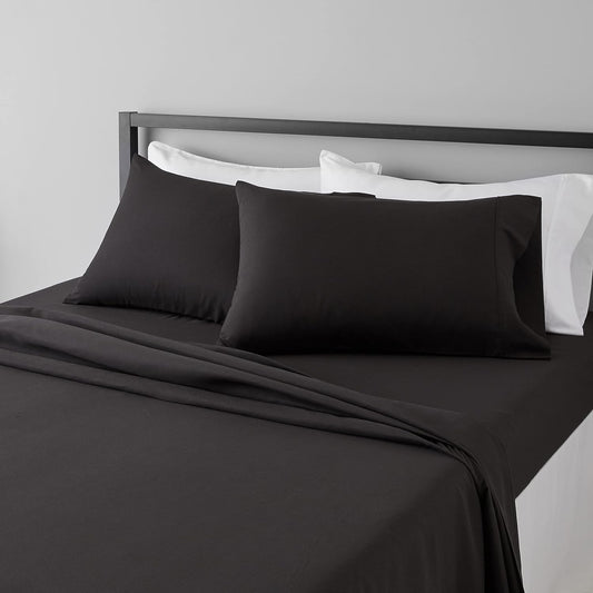 Amazon Basics Lightweight Super Soft, Breathable Wrinkle-Free Microfiber 4 Piece Bed Sheet Set with 14-Inch Deep Pockets, King, Black, Solid