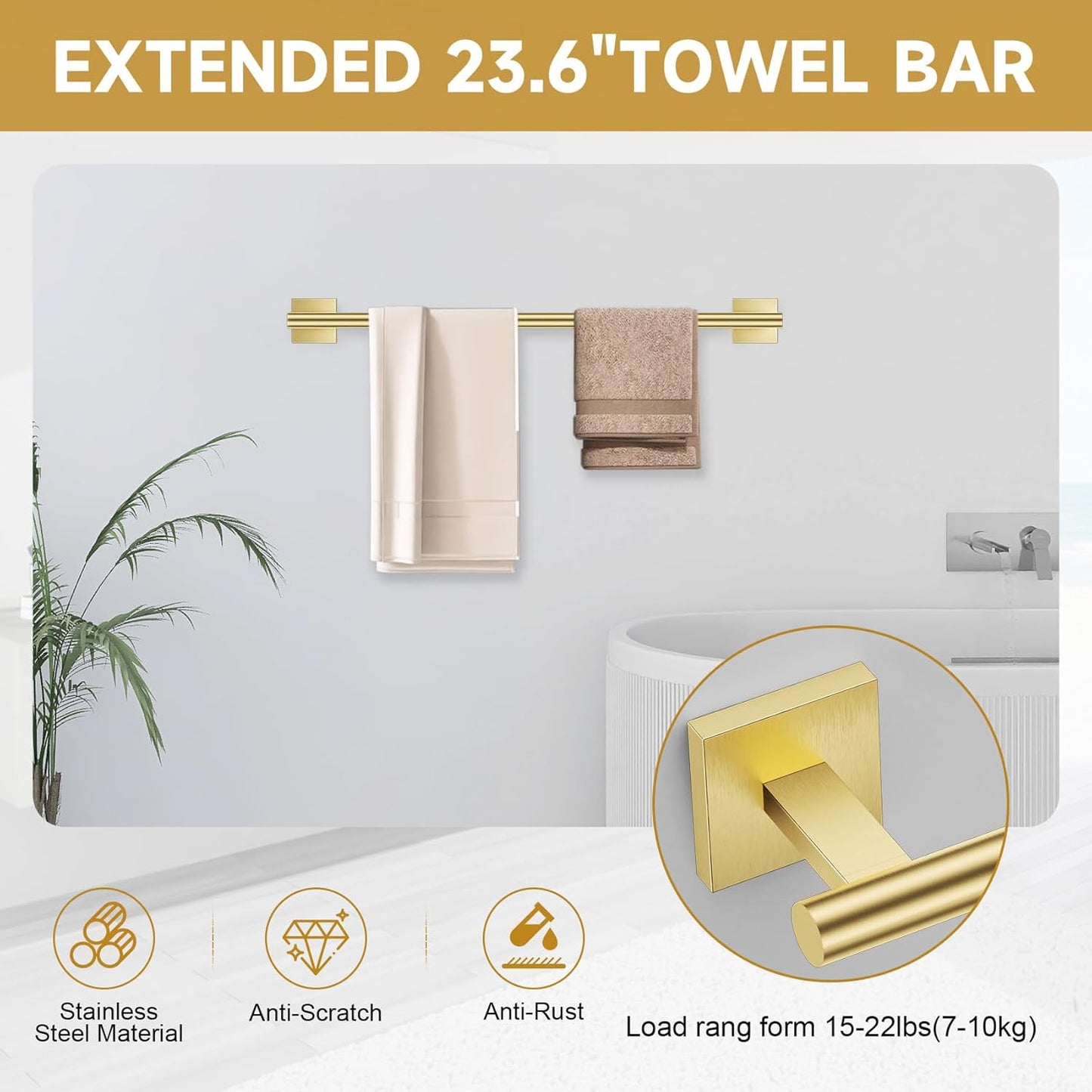 Brushed Gold Towel Bar Set, 5 Pieces Double Dase Toilet Paper Holder Bathroom Hardware Set, 23.6 Inch Stainless Steel Towel Racks for Bathroom Wall Mounted