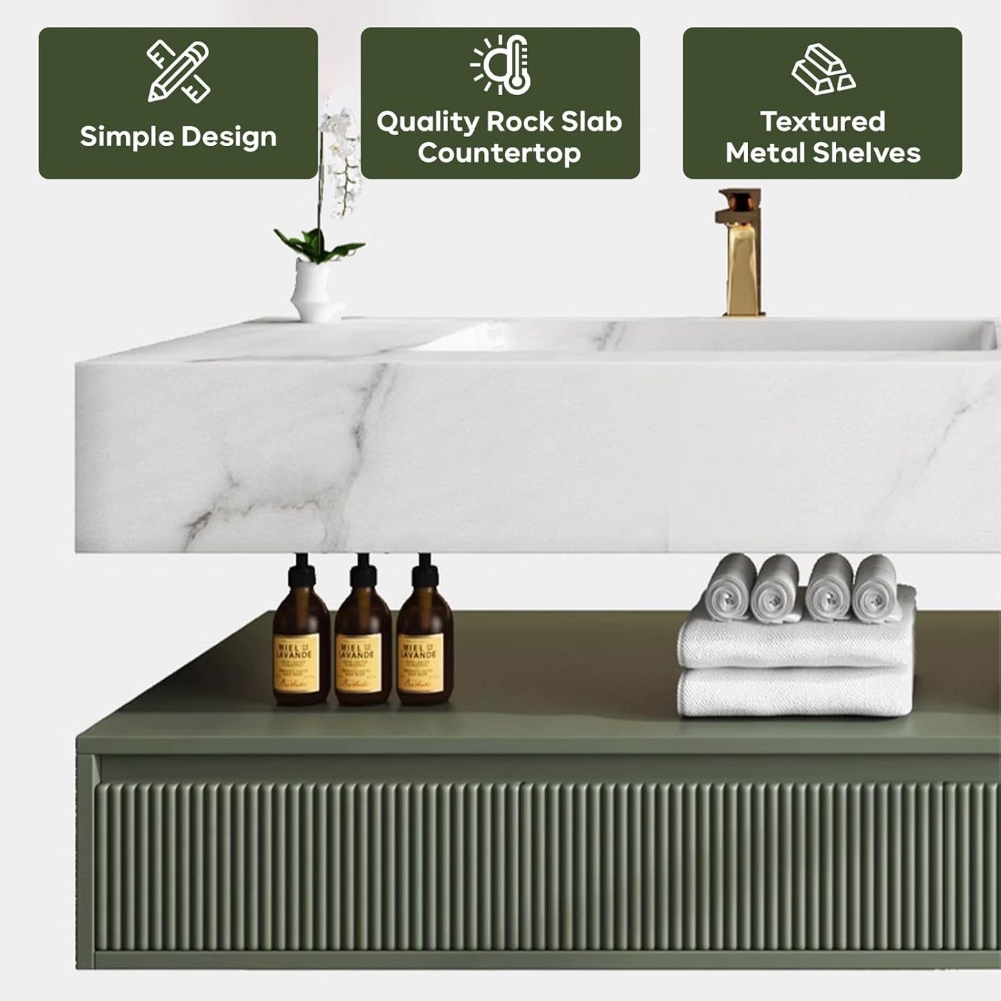 Floating Vanity for Bathroom, 44" Green Bathroom Vanity Set with LED Defog Mirror and Side Medicine Cabinet, Wall Mount Bathroom Storage Cabinet with Glass Door, Single Sink Bath Vanities - Green