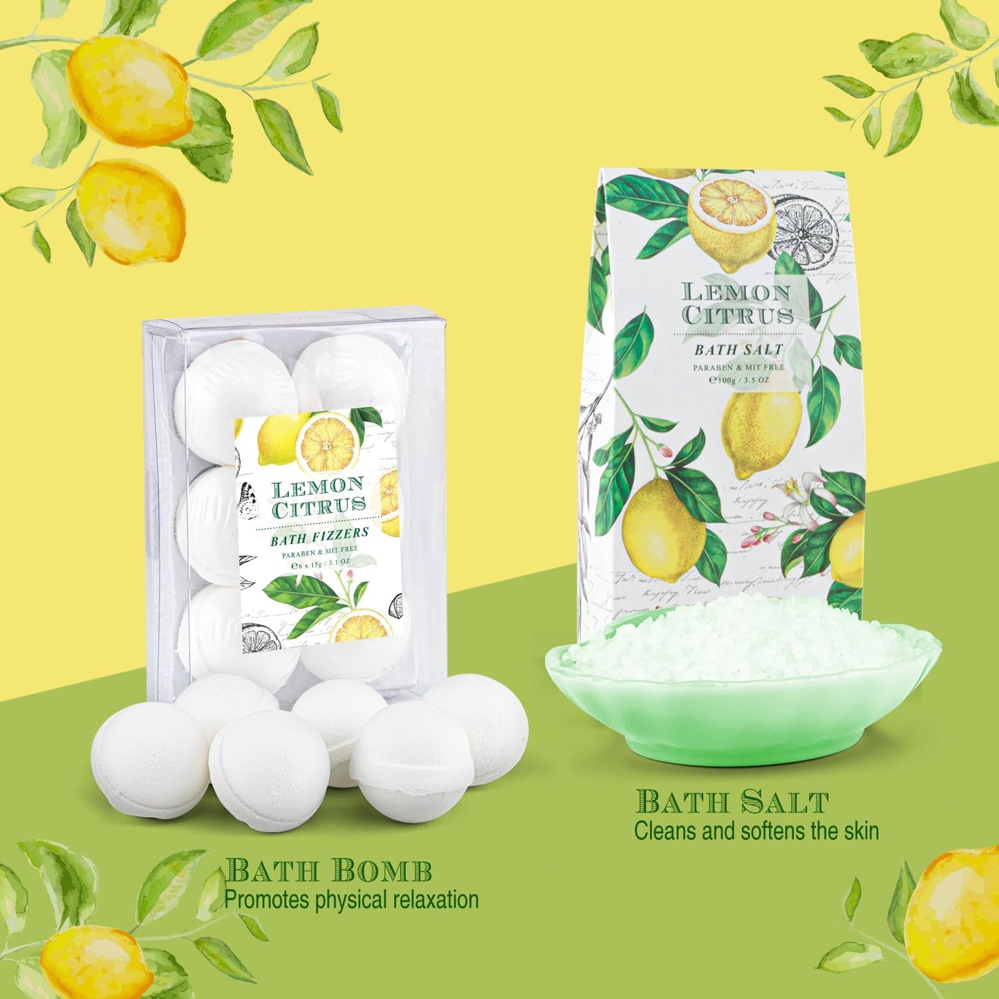 Bath Gift Set, Lemon Citrus Spa Gift Basket for Women, Includes Shower Gel, Bubble Bath, Body Lotion, Bath Frizzes 8 Pcs, Great Gift Idea for Her Birthday