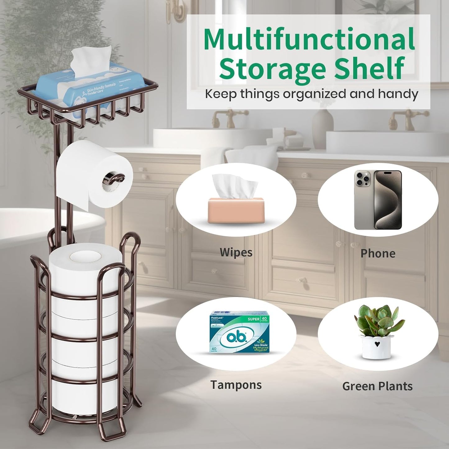 TomCare Toilet Paper Holder Upgraded Toilet Paper Stand with 4 Raised Feet Metal Free Standing Tissue Paper Roll Dispenser with Storage Shelf Sturdy Bathroom Accessories (Bronze)