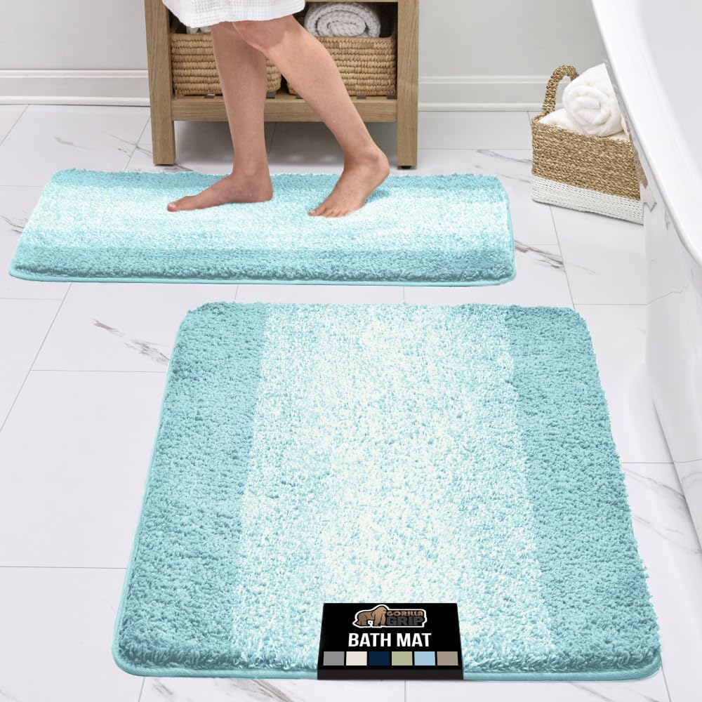 GORILLA GRIP Ultra Soft Plush Bathroom Rugs with Rubber Backing Set of 2, Absorbent Quick Dry Bath Mat, Machine Washable Shower Mats, Home Décor Accessories Bathmat Rug, 24x16 and 30x18 Light Blue