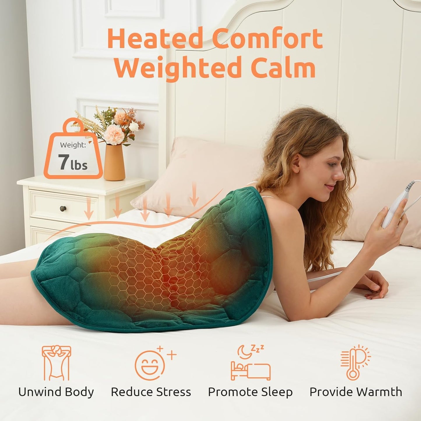 Drewin Weighted Heating Pad 7 lbs for Pain Relief, 24" x 29" Portable Heated Pads for Knee Shoulders Back with 4 Heating Levels 2 Hours Timer Auto Off, Soft Warm Weighted Lap Blanket, Dark Green