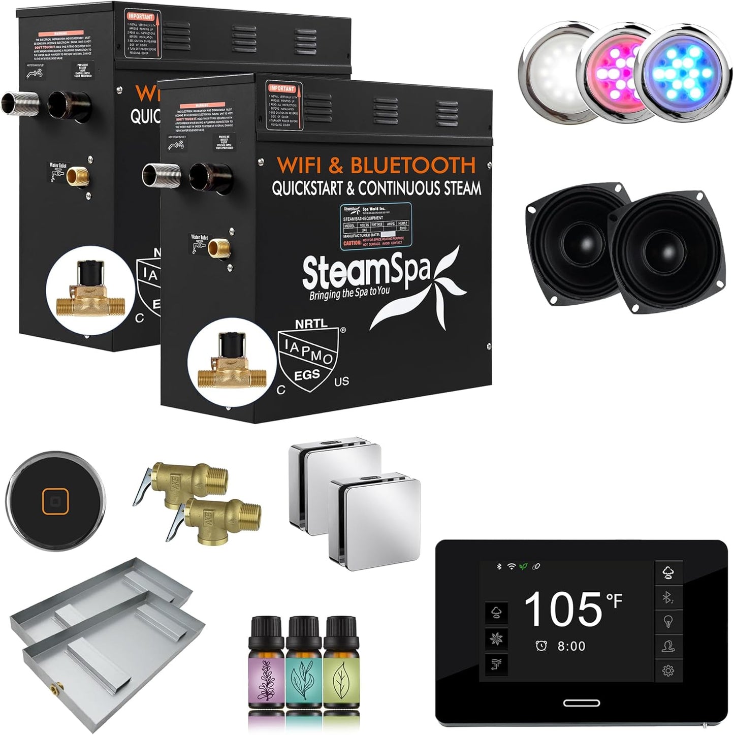 SteamSpa Steam System 15kW Steam Shower Generator with Bluetooth Wifi, Quickstart Continous Steam, Advanced Touch Pad Screen, Chroma Lights, Drain Pan and Auto Drain Chrome RVBS1500CH-A