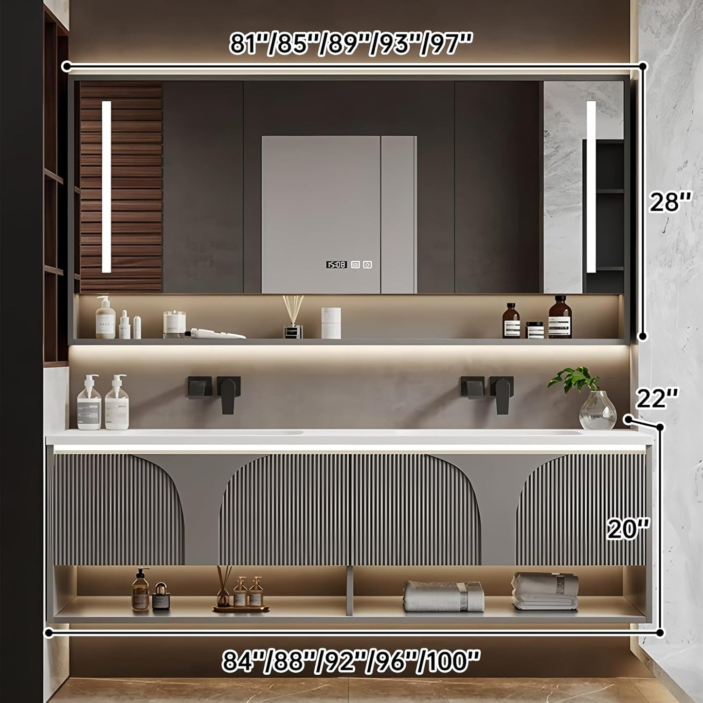 Double Bathroom Vanity with Sink, 96IN Floating Bathroom Vanity Set with LED Smart Defogging Mirror Cabinet and Open Shelf, Oak Wood Bathroom Cabinet with Two Drawers and Bottom Open Storage (Grey)