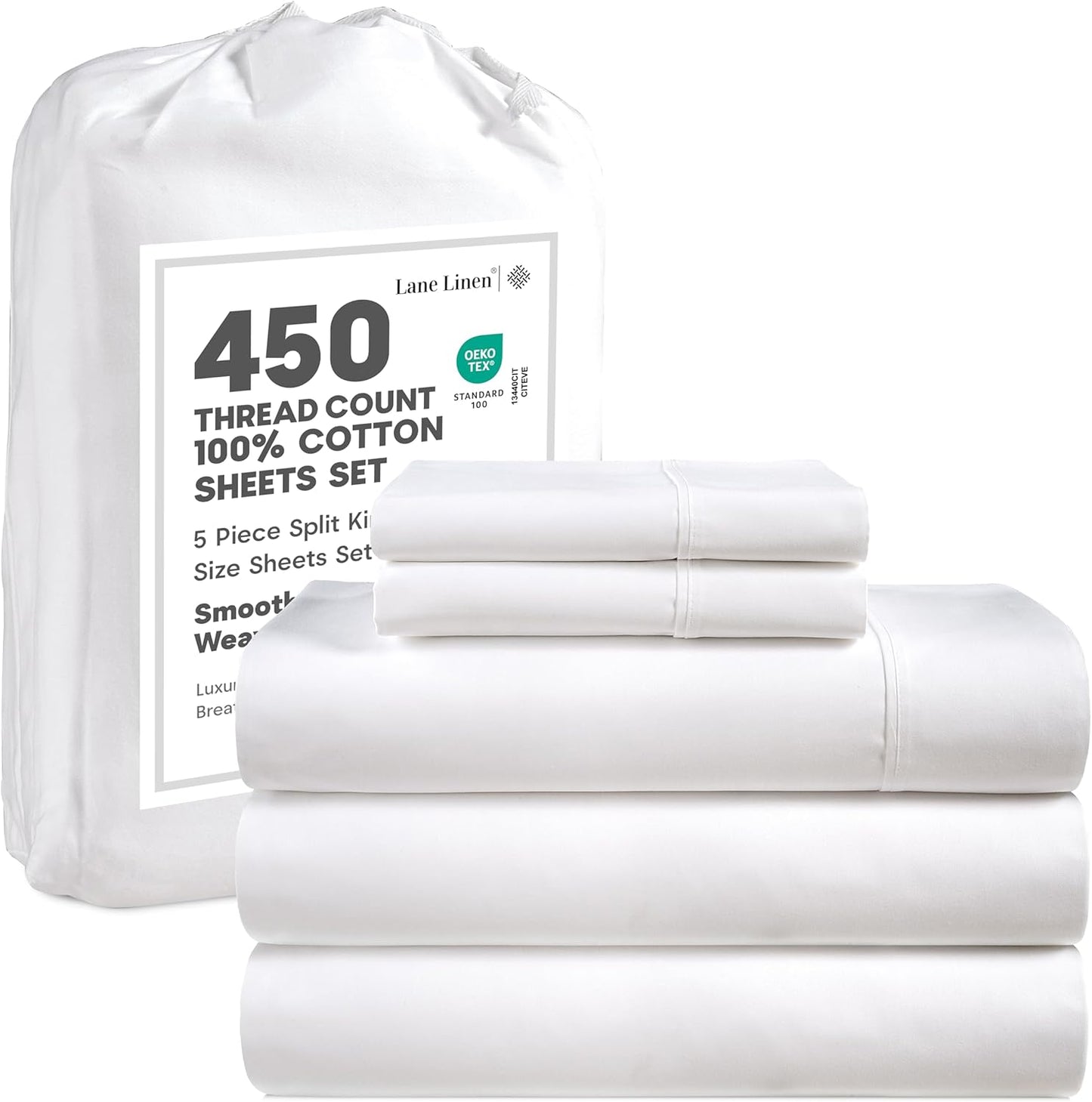 LANE LINEN Split King Sheets Set – 450 Thread Count 100% Cotton Bed Sheets, Soft Sateen Weave, Cooling & Breathable, 15” Deep Pocket Fully Elasticized Fitted Sheet, Luxury Hotel Bedding, White