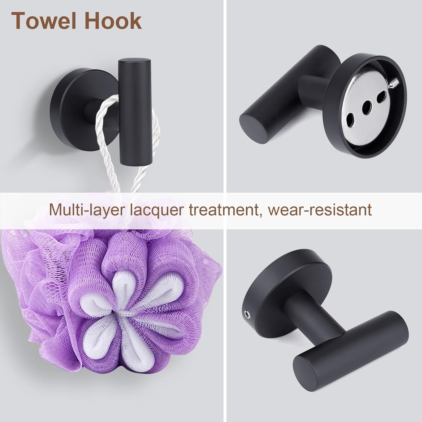 4-Piece Matte Black Bathroom Accessories Hardware Set,Include Double Post Pivoting Toilet Paper Holder,Towel Ring and 2 Towel Hooks