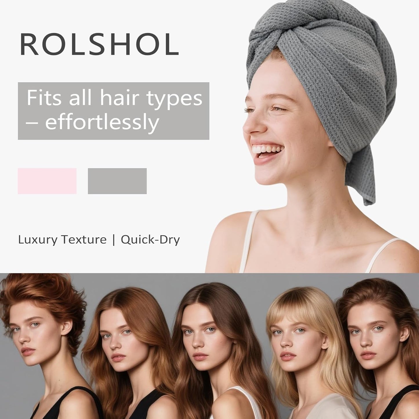 2 Pack Microfiber Hair Towel Wrap for Women, 32" x 11" Waffle Weave Hair Plopping Towel for Curly, Long & Thick Hair, Anti-Frizz Hair Turbans for Wet Hair (White, Grey)