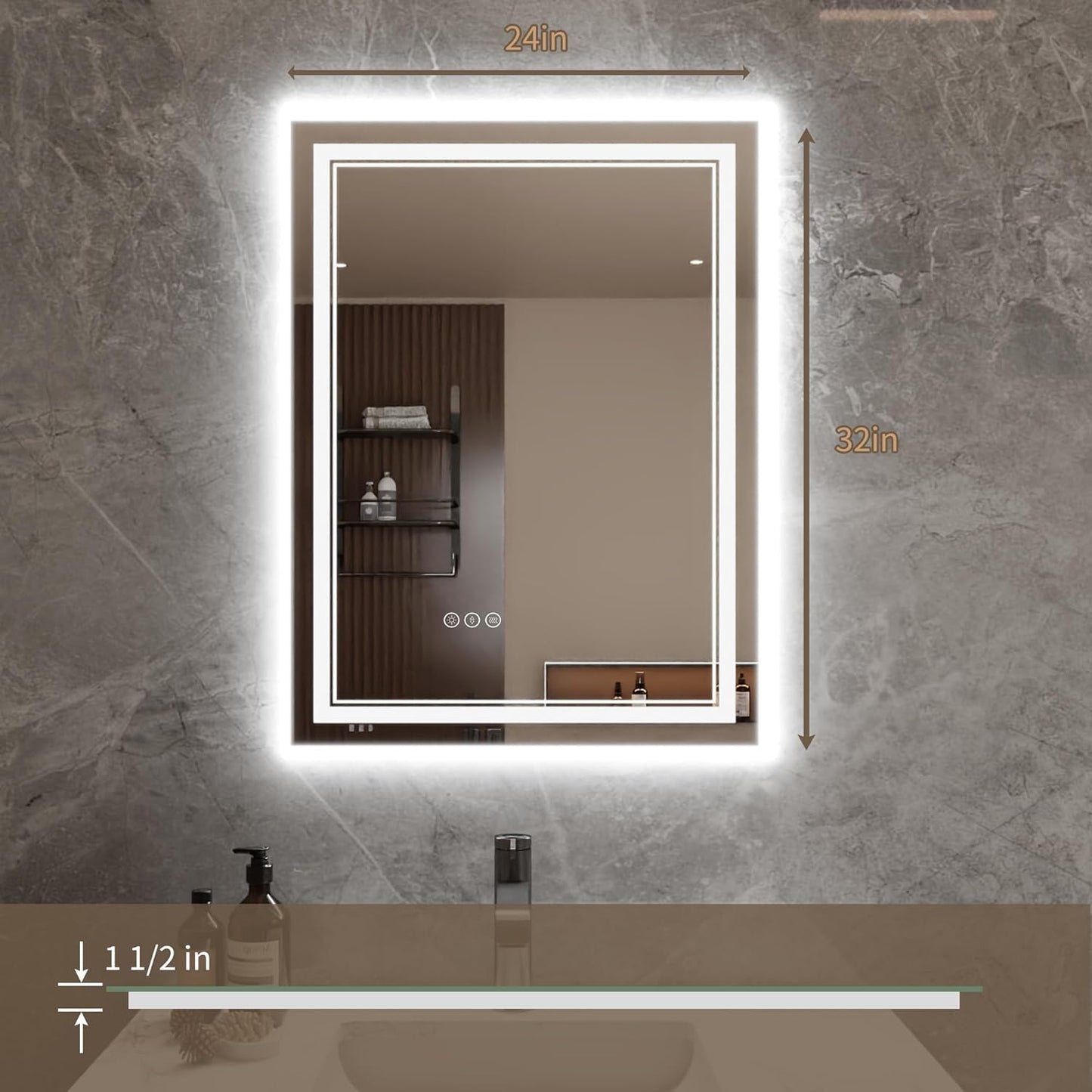 Bathroom Mirror with Lights 24"X32" with Front Light and Backlit, Tempered Glass, Wall Mount Horizontal/Vertical, Stepless Dimmable, 3 Colors, Anti Fog, Bathroom Memory LED Mirror