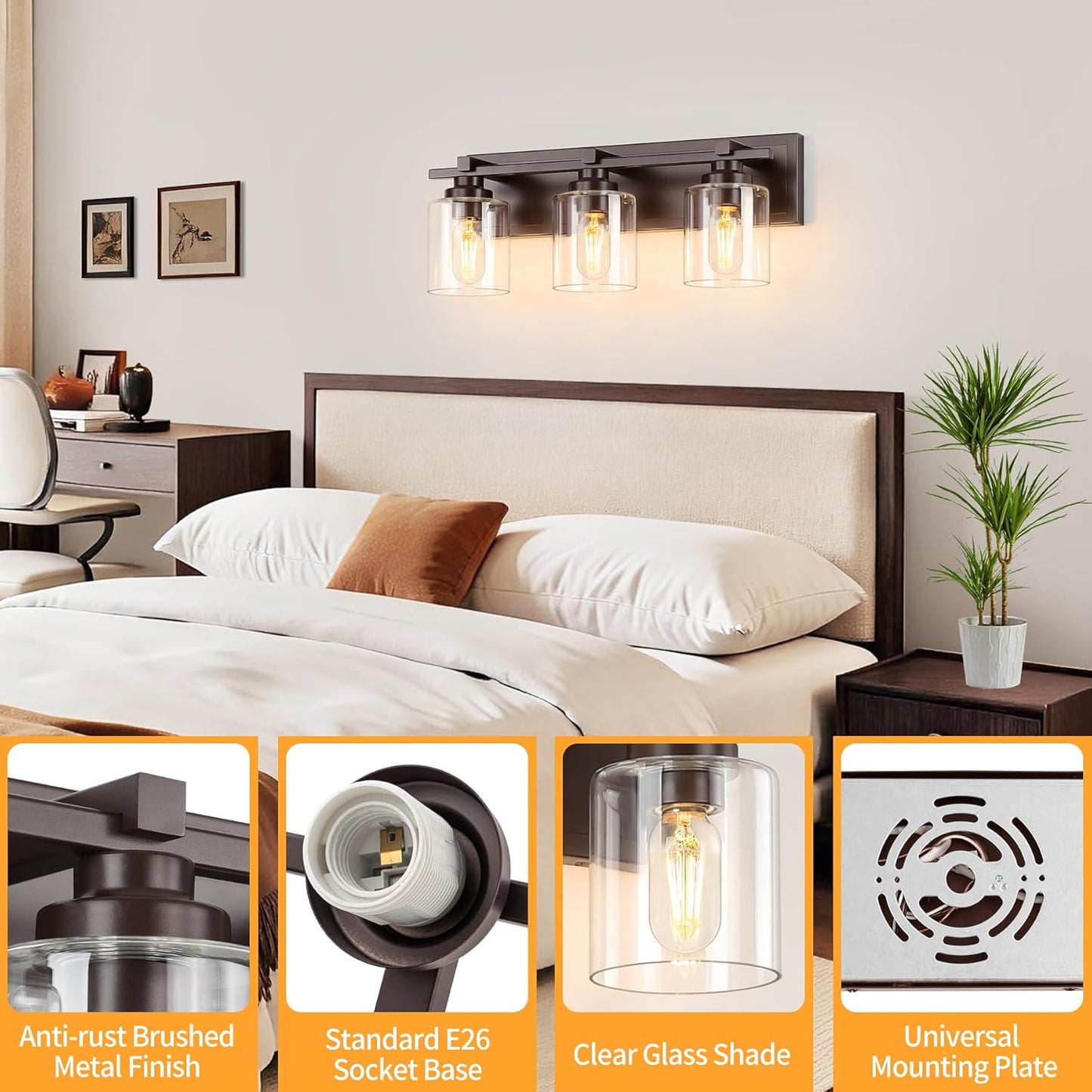 3 Light Modern Bathroom Light Fixtures Over Mirror, Bronze Finish Vanity Lights for Bathroom Wall Sconces with Clear Glass Shades, E26 Socket (Bulbs Not Included)