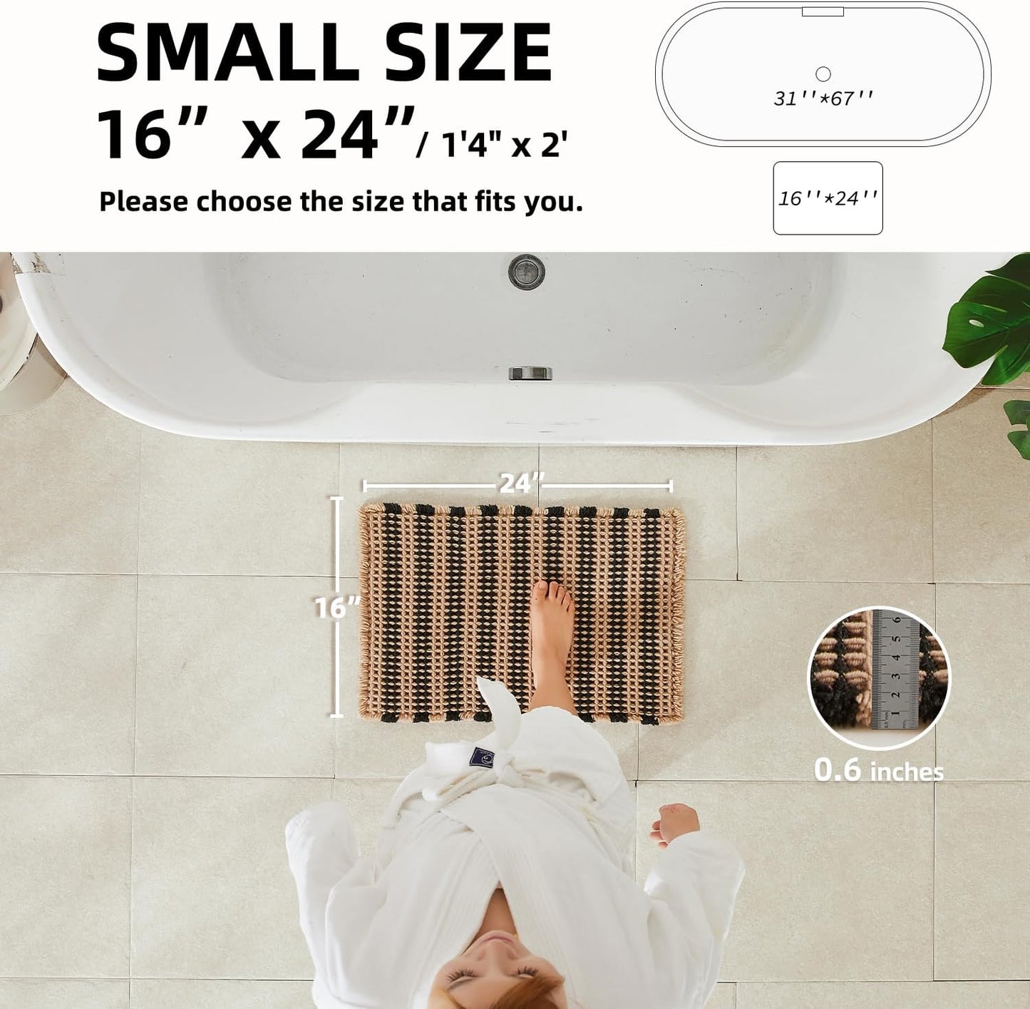 Waffle Bath Mat, Boho Bathroom Rugs Non Slip Washable Super Absorbent Quick Dry Bath Mat Farmhouse Bathroom Decor, 24"x16" Black and Khaki