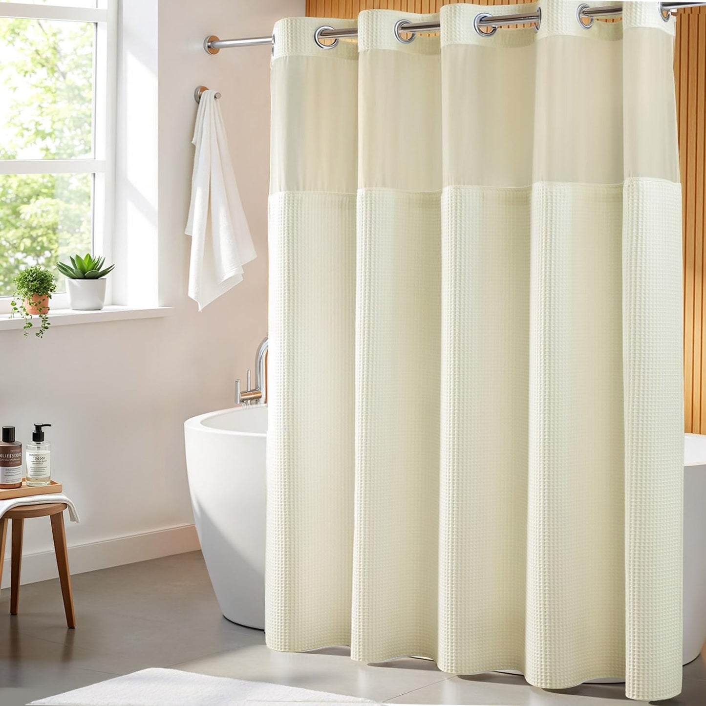 River Dream Cream Fabric Shower Curtain Set, Cotton Blend, Waffle Weave, with Snap in Replacement Liner，71 x 74 inches
