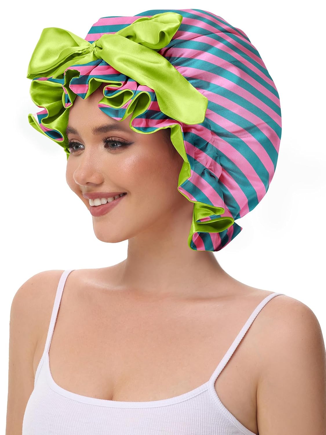 Silk Hair Bonnet for Sleeping, Satin Shower Cap for Women 2025 with Tie Band and Adjustable Straps Head Wrap for Curly Hair Pink-Red-Green F