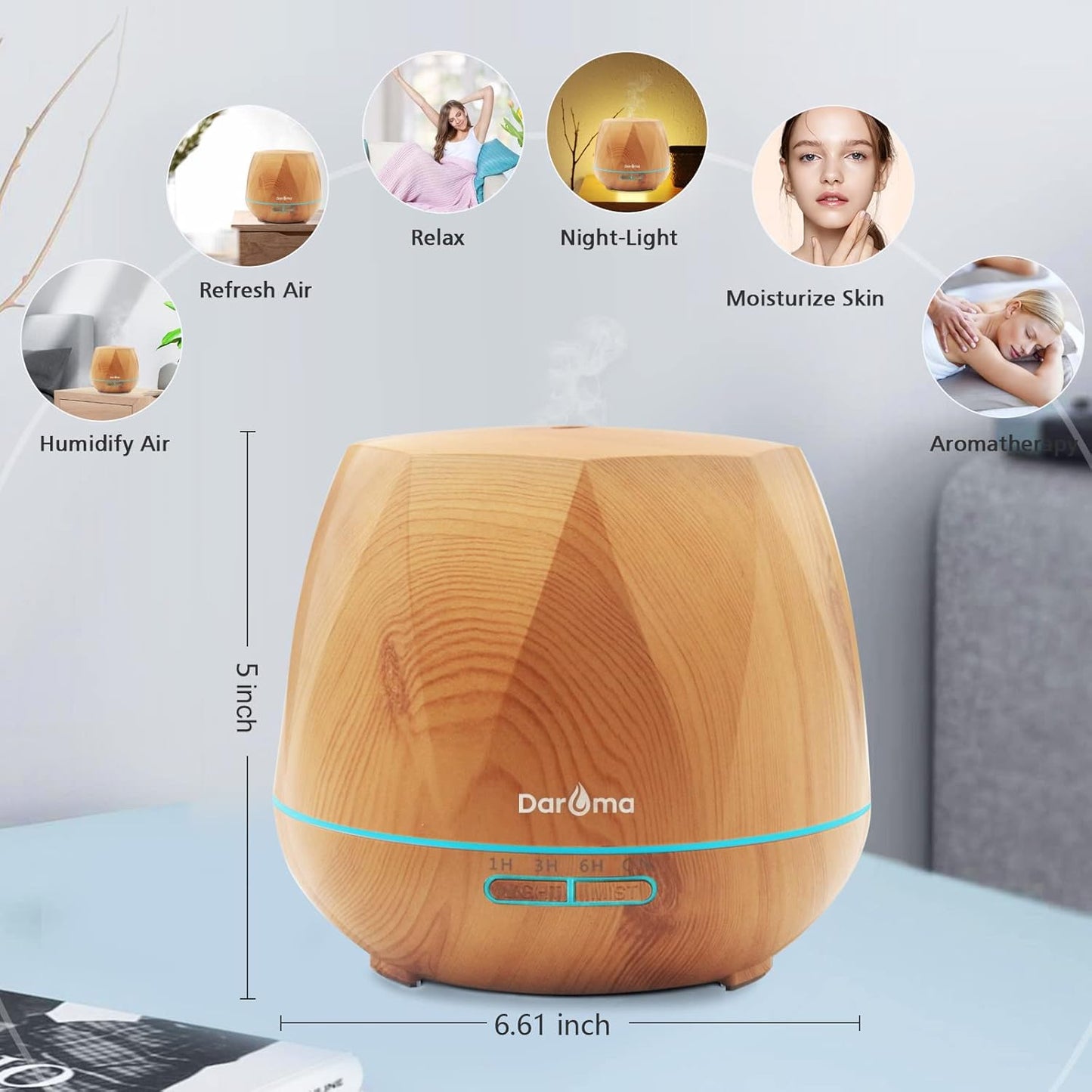 550ml Essential Oil Diffuser, DAROMA Upgraded Remote Control 6 in 1 Aromatherapy Ultrasonic Cool Mist Humidifier, 7 Color Changing Mood Lights & Waterless Auto-Off for Home Office Gift, Light Wood