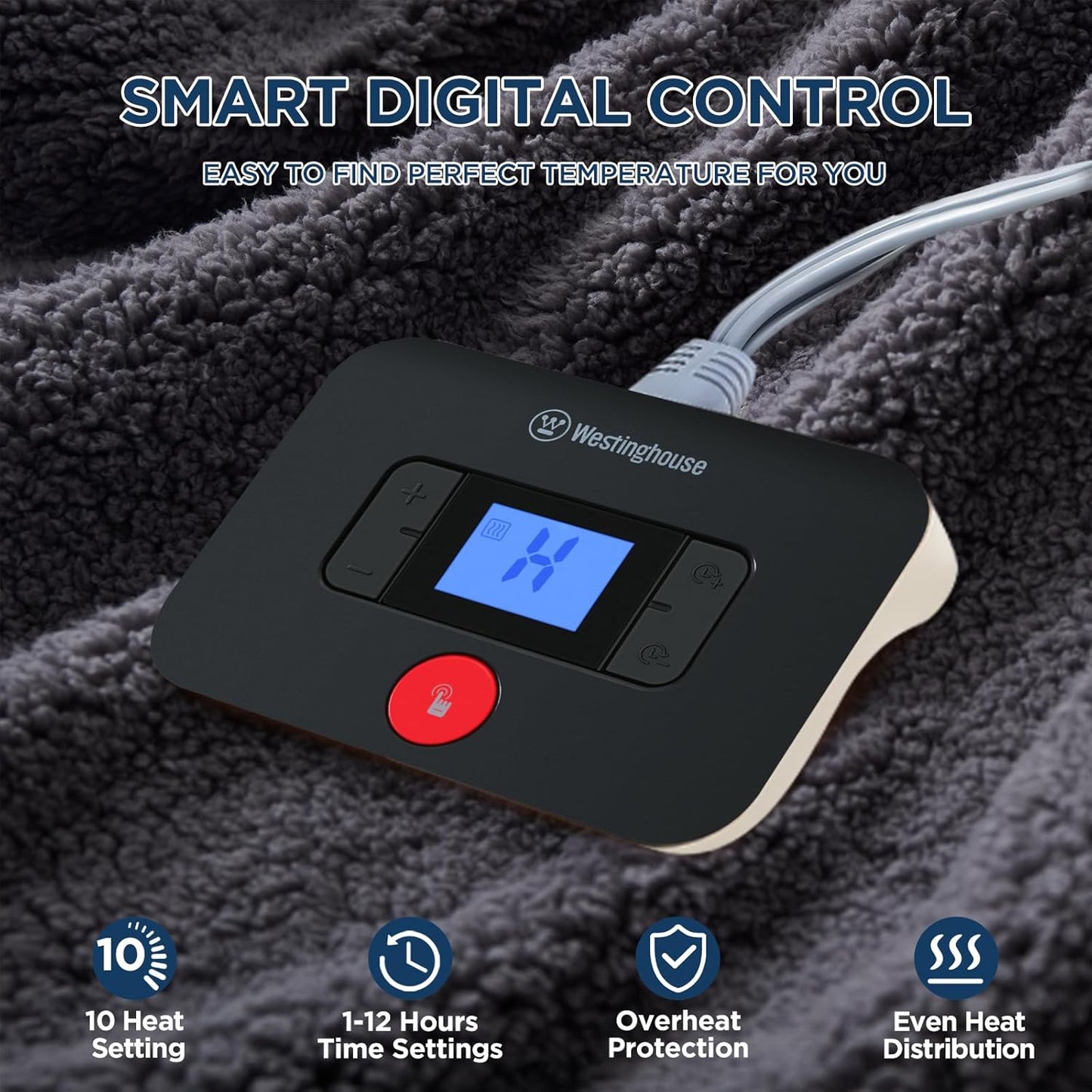 Westinghouse Electric Blanket Twin Size, Soft Plush Sherpa Heated Blanket with 10 Heating Levels & 1-12 Hours Auto-Off, Machine Washable, 62x84 inches, Darkgrey