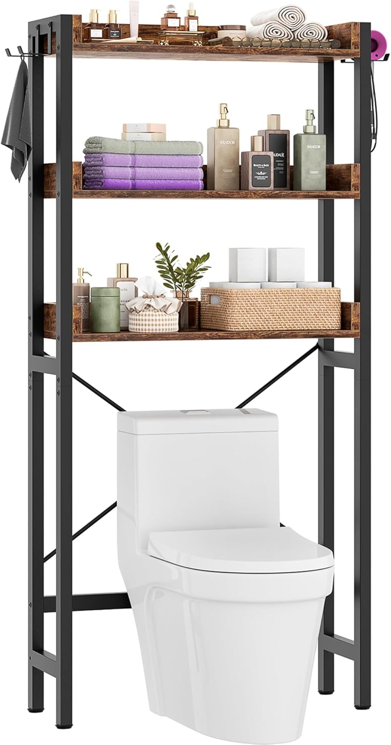 Over The Toilet Storage Rack - 3 Tier Bathroom Organizer with Shelves, Freestanding Space Saver Storage Rack Above Toilet Stand with 4 Hooks for Restroom, Laundry, Rustic Brown