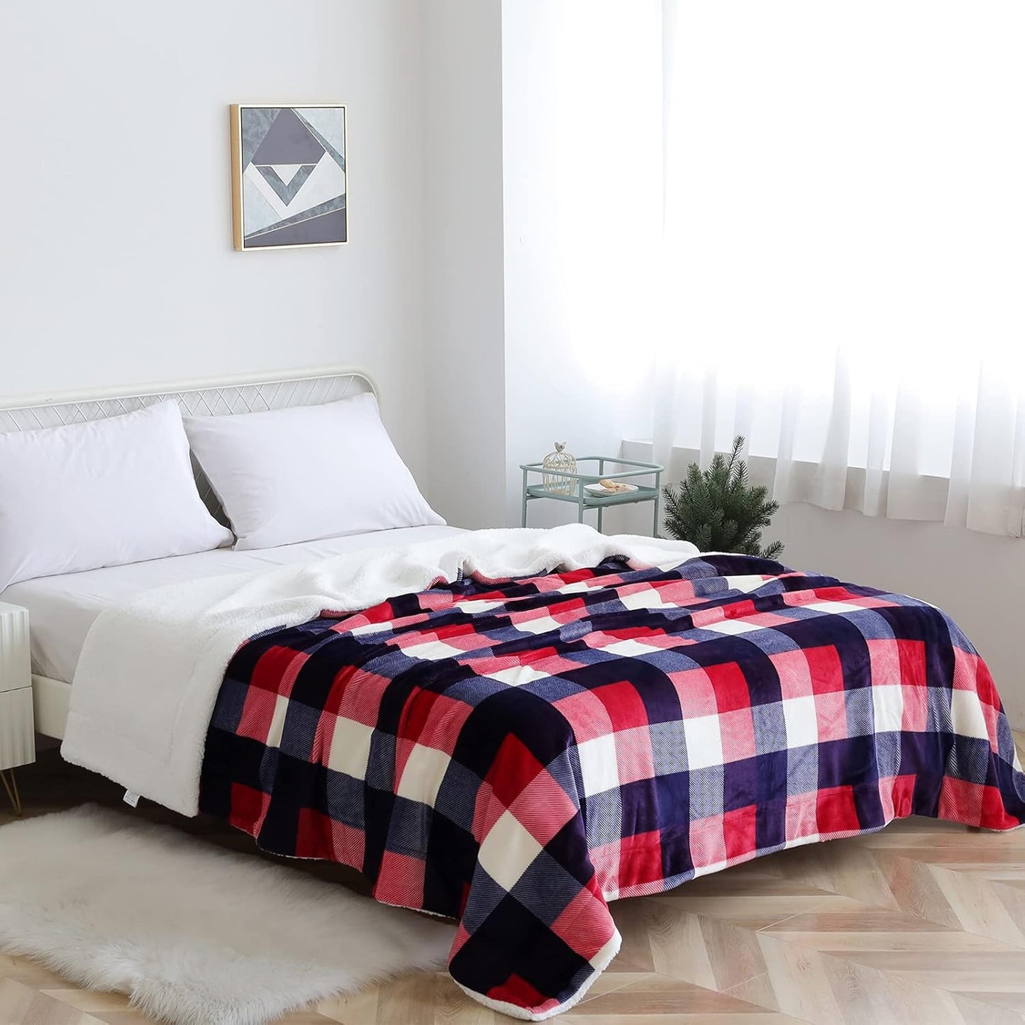 SOCHOW Buffalo Plaid Sherpa Fleece Throw Blanket, Double-Sided Checkered Super Soft Luxurious Bedding Blanket 50 x 60 inches, Red/Blue