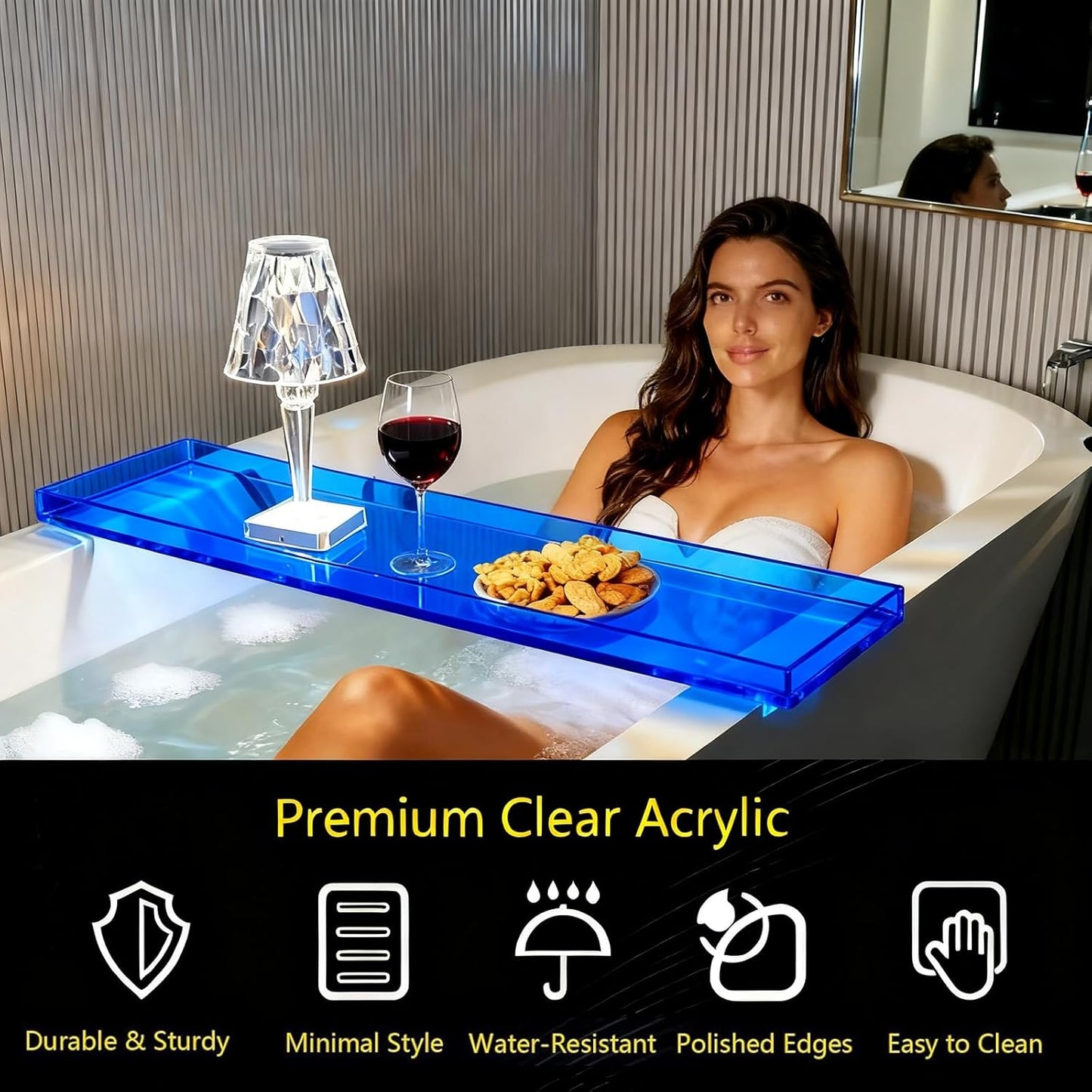 Bathtub Tray Table, Clear Acrylic, Anti-Slip Bath Caddy, L32.3″ * W7.87″ * H1.18″ (Blue, L29.9 x W7.87 x H1.18)