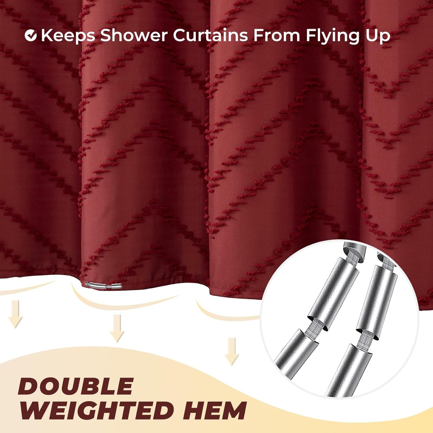 78inches Long Burgundy Shower Curtain Boho Farmhouse Shower Curtain 72 x 78 Tufted Chevron Textured Minimalist Shower Curtains for Bathroom