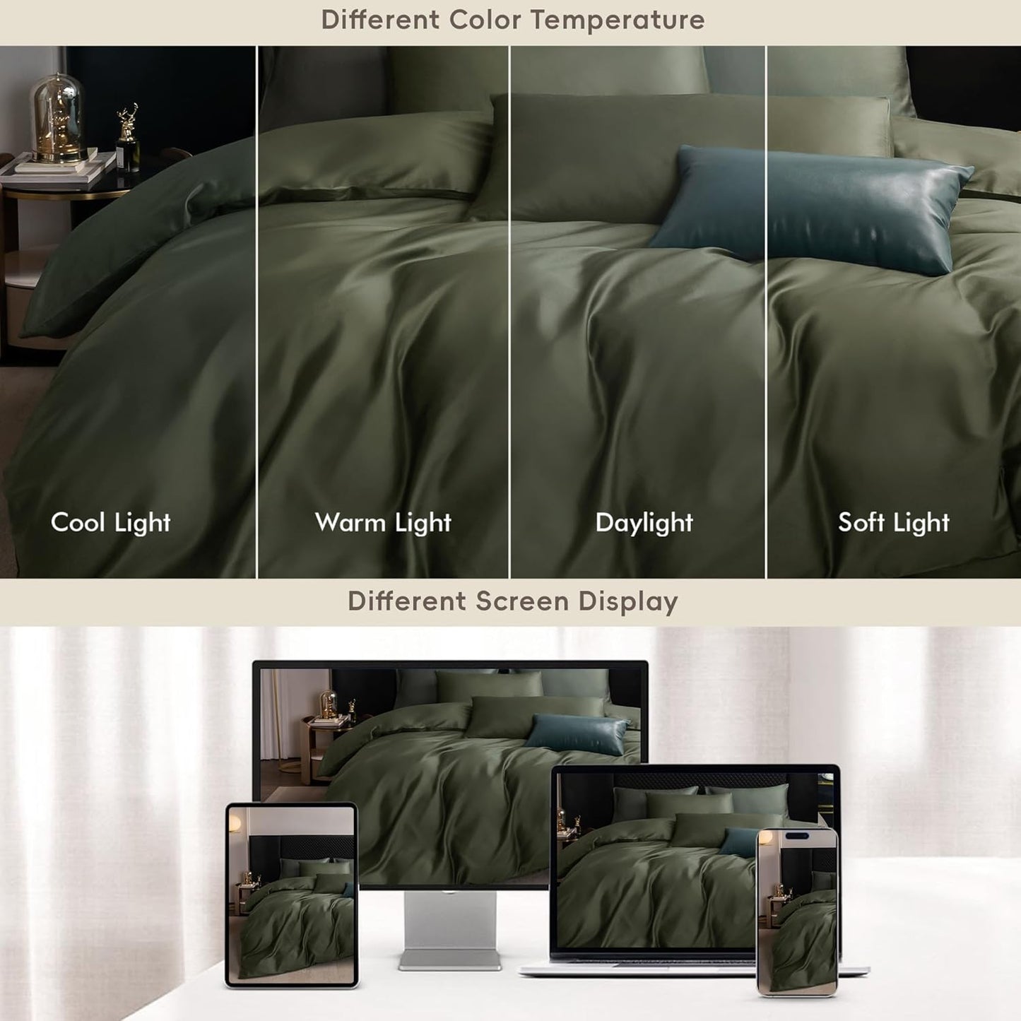 MooMee Duvet Cover Set 100% Extra Long Staple Cotton 600 Thread Count Silky Sateen Smooth Luxury Soft Breathable Durable Hotel Quality Bedding, 3 Pieces (Olive Green, Queen 90"x90")