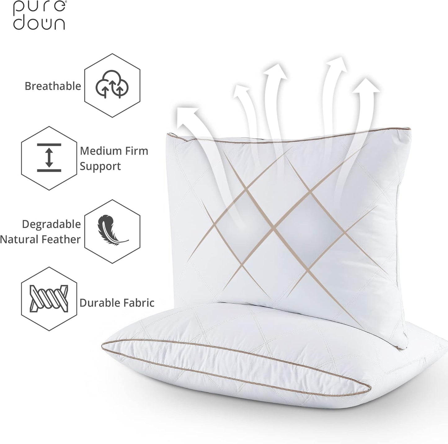 puredown® Natural Goose Down Feather Pillows for Sleeping Oval Gusseted Feather Down Pillow 100% Cotton Pillow Cover with Leaf Quilting King Set of 2