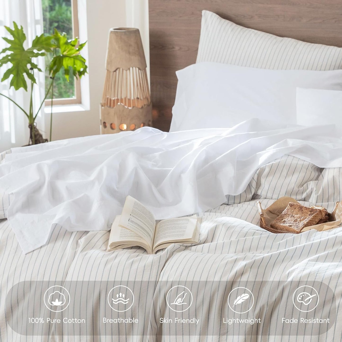MooMee Bedding Sheet Set 100% Washed Cotton Linen Like Textured Breathable Durable Soft Comfy (Solid Bright White, Queen)