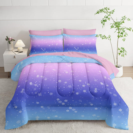 7 Piece Bed in a Bag Twin Size Comforter, Blue Purple Snowflake Quilt Set, Soft Pink Sheets, All Season Bedding Set, Microfiber