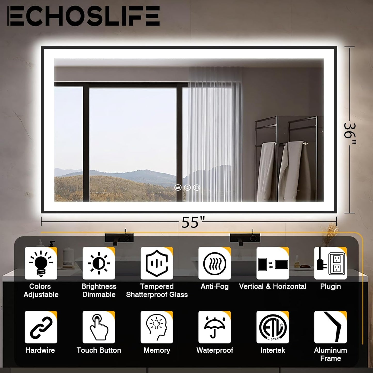 55x36 LED Bathroom Mirrors for Wall -Black Aluminum Trim (Front and Backlit), Anti-Fog Light Up Mirror,Stepless Dimmable Lighted Mirror,3 Colors Smart Mirror(Horizontal/Vertical)