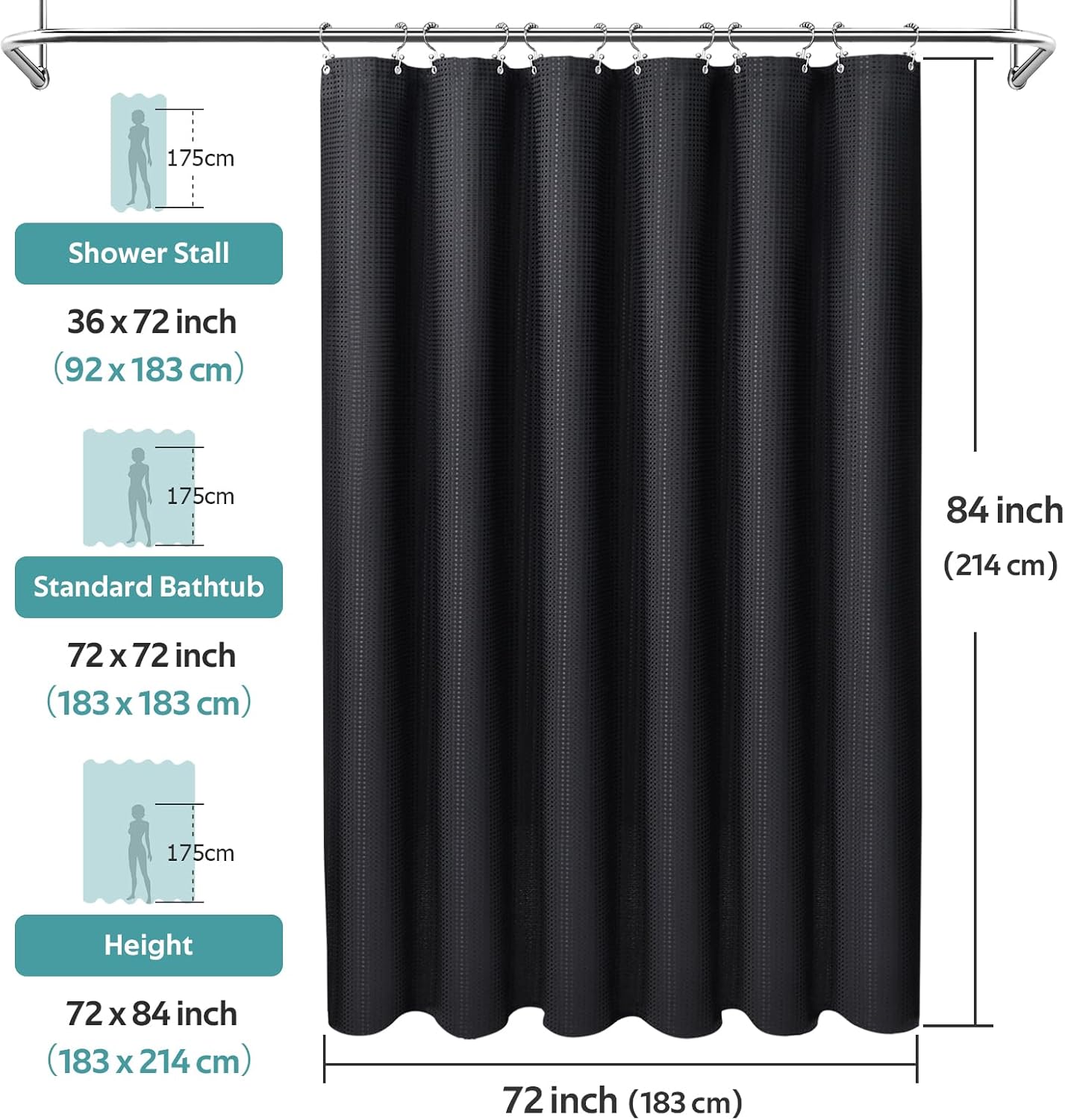 3 in 1 Shower Curtain Set, Waffle Shower Curtain and Liner Set with 12 Double Sided Shower Curtain Hooks, 258GSM Luxury Weighted Cloth Shower Curtains for Bathroom, 72 W x 84 H, Black
