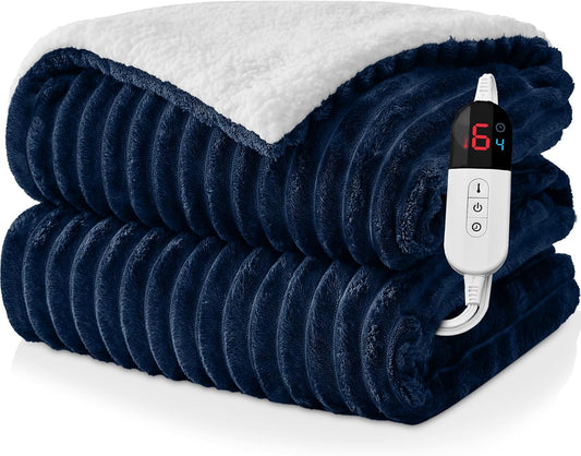 Electric Heated Throw Blanket - 50"x60" Fast Heating Bed Blankets with 6 Heating Levels & 4 Hours Auto Off, Soft Ribbed Flannel Sherpa, Over-Heated Protection ETL, Navy Blue