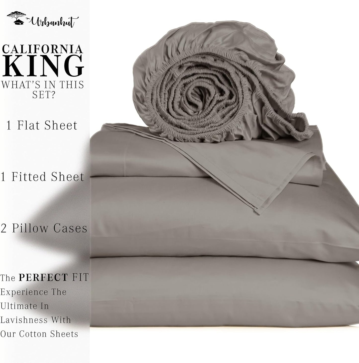 URBANHUT 1000 Thread Count Egyptian Cotton Sheets California King Size, Long Staple Soft & Breathable, 4 Pc Bed Sheet Sets, Luxury Hotel Sateen Sheets Fits 16" Deep Pocket - Dark Grey