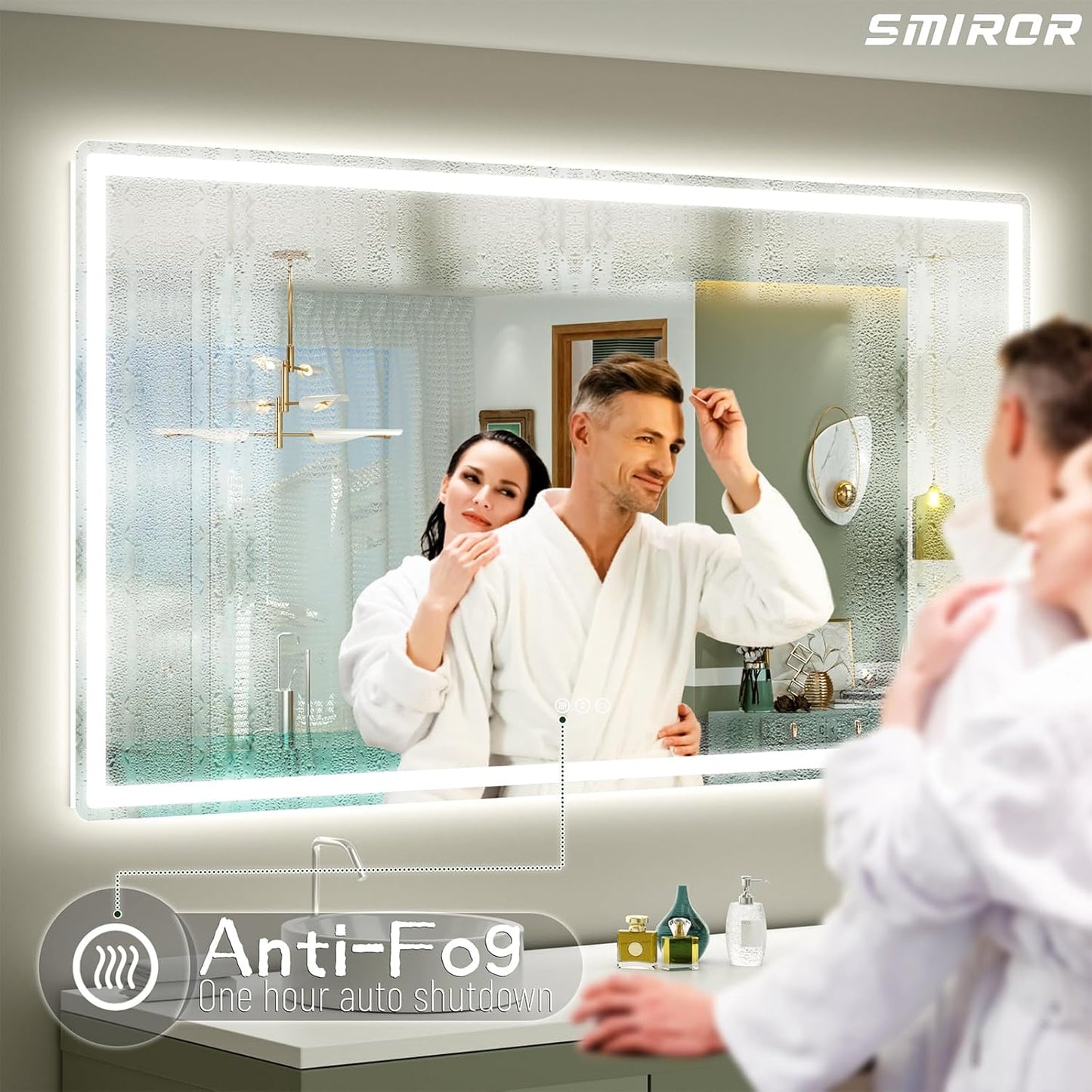 SMIROR LED Bathroom Mirror with Lights 66"x 40", Rounded Rectangle Lighted Vanity Mirror for Wall, Front Lit and Backlit, 3 Colors, Dimmable, Anti-Fog, Tempered Glass (Horizontally/Vertically)