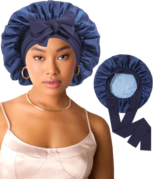 AWAYTR Women Satin Bonnet for Sleeping - Double Layer Silk Hair Bonnet with Elastic Tie Band for Braids Curly Hair