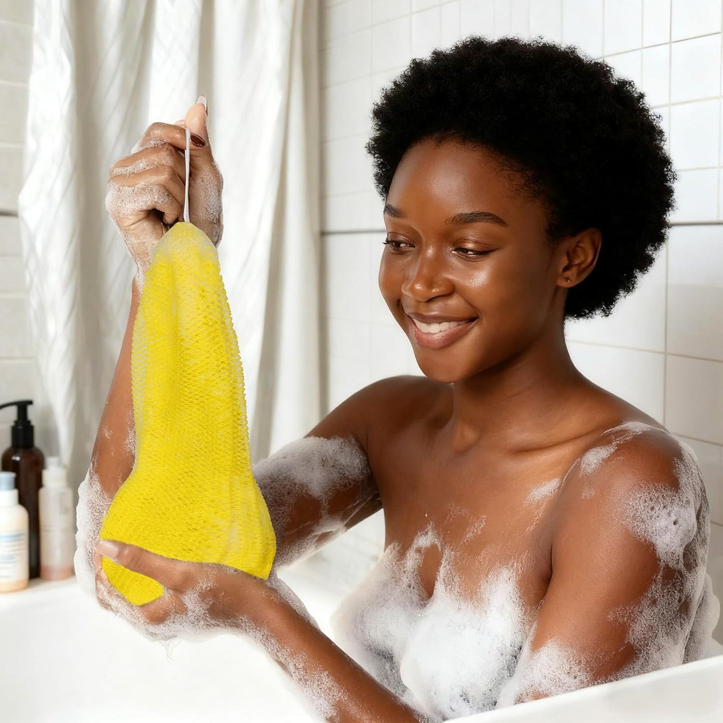 African Net Sponge Authentic with Handles (Set of 2), African Exfoliating Net Sponge, Exfoliating Body Scrubber Bath Sponge - Bathing Accessories with Storage Bag (Rose & Bright Yellow)