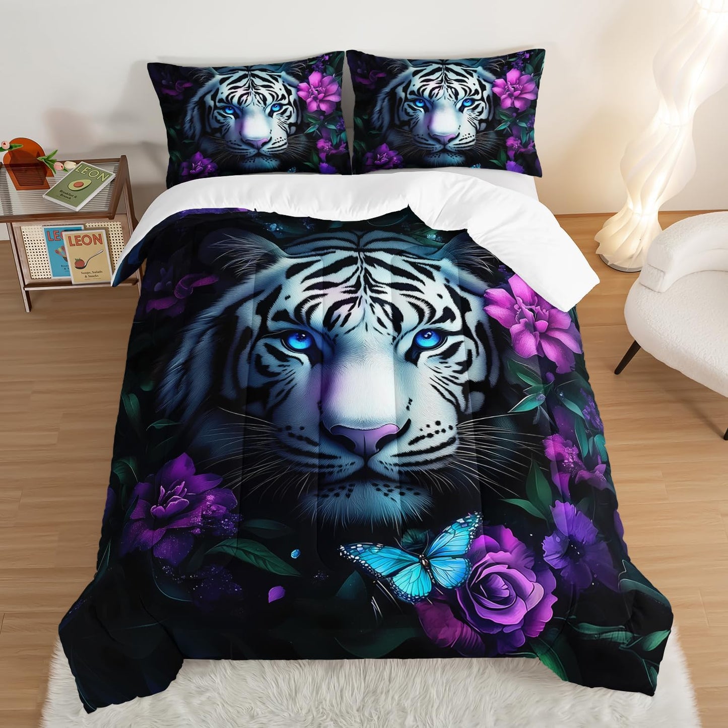Wild Animal Themed Comforter Set Full Size,White Leopard Floral Print Bedding Sets for Kids Teens Room Decor,Gothic Bedding All Season with 2 Pillowcases.