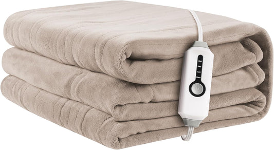 Electric Heated Blanket 72"x84" Full Size, Soft Coral Fleece with 4 Heating Levels and 10 Hours Auto-Off, Machine Washable, Cozy Plush Fabric for Home, Light Brown