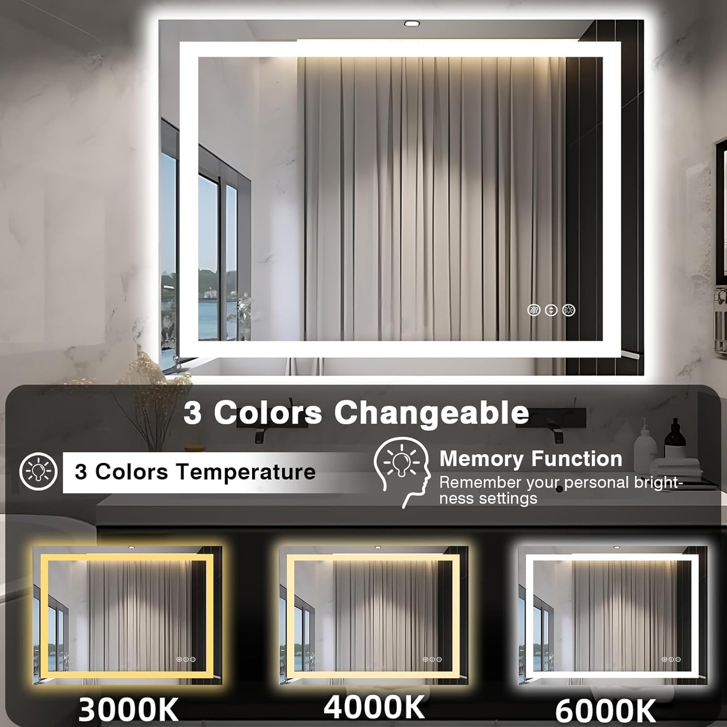 48"x40" LED Lighted Bathroom Mirror with Front Light and Backlit, Anti-Fog Bathroom Mirror with Lights, Stepless Dimmable LED Mirror, 3 Colors Smart Mirror (Horizontal/Vertical)