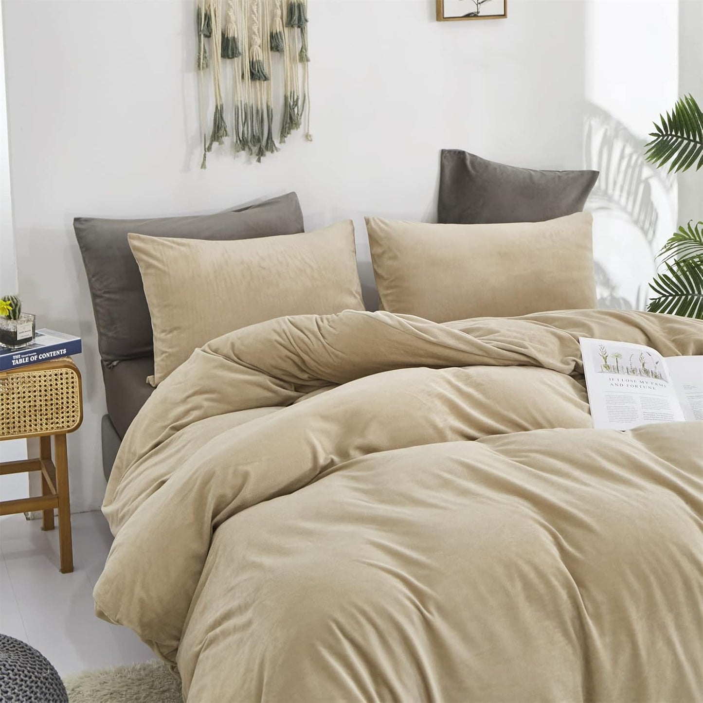 Cottonight Cream Coffee Velvet Comforter Set California King Khaki Bedding Comforter Set Dark Champagne Brown Solid Blanket Quilts Flannel Modern Winter Warm Taupe 3 Piece Light Coffee Bedding Set