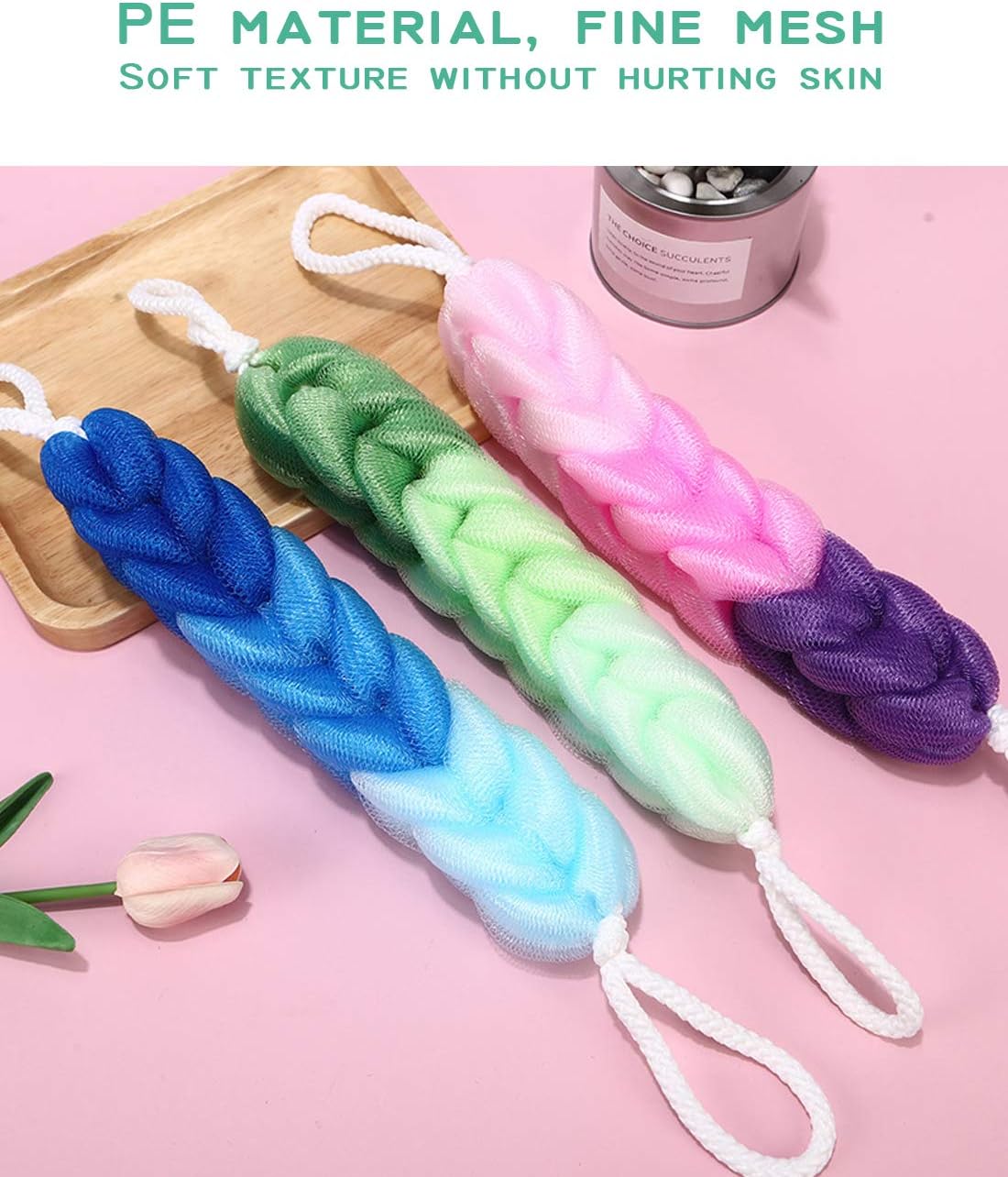 AARainbow 4 Packs Long Stretch Back Sponge with Rope Handles Back Scrubber Body Sponges for Bathing, Bath Shower Mesh Sponge Body Deep Cleaning for Men & Women (H-Gradient Color)