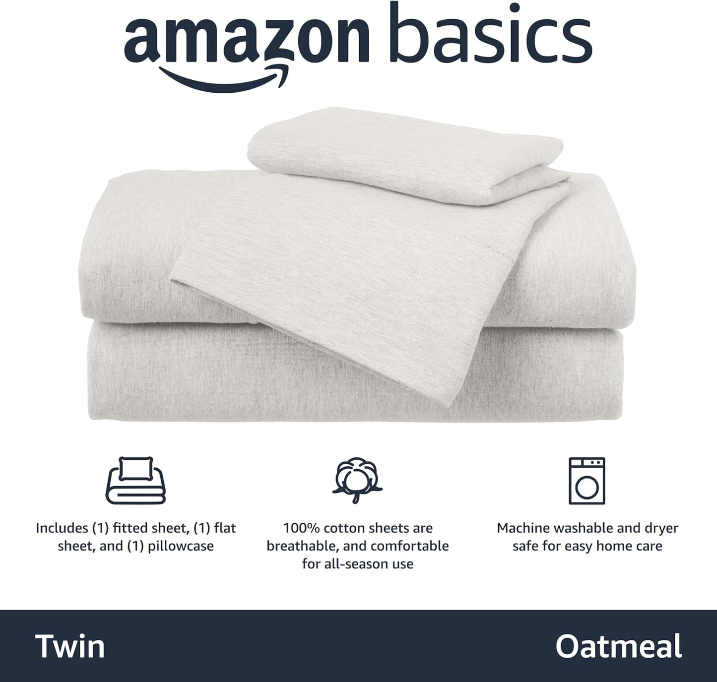 Amazon Basics 3 Piece Bed Sheet Set, 100% Cotton Jersey, Includes Super Soft, Flat and Fitted Sheets, Pillowcase, Twin, Oatmeal, Solid