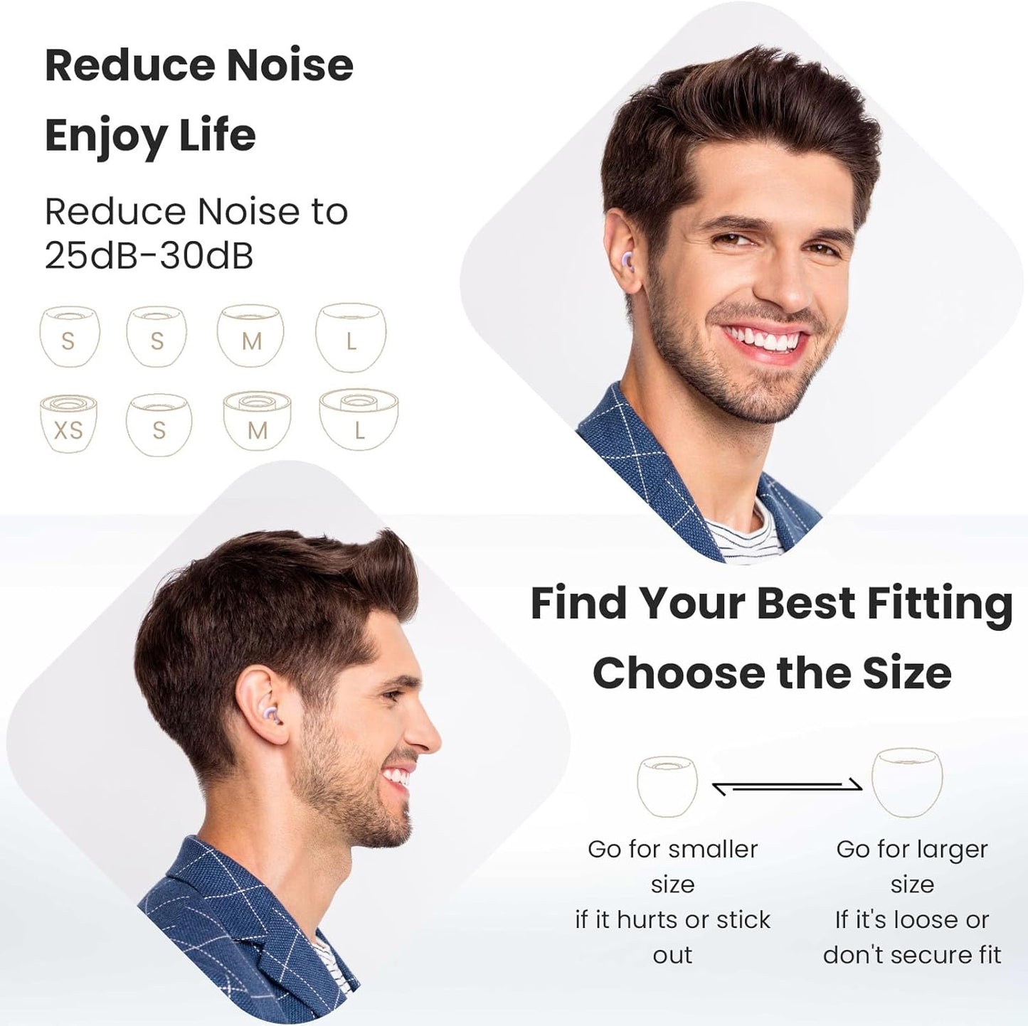 Ear Plugs for Sleeping, 2 Pairs of Reusable Earplugs for Noise Reduction 25dB-30dB with 8 Ear Tips, Soft Hearing Protection Ear Plugs for Concert,Noise Sensitivity, Study & Work