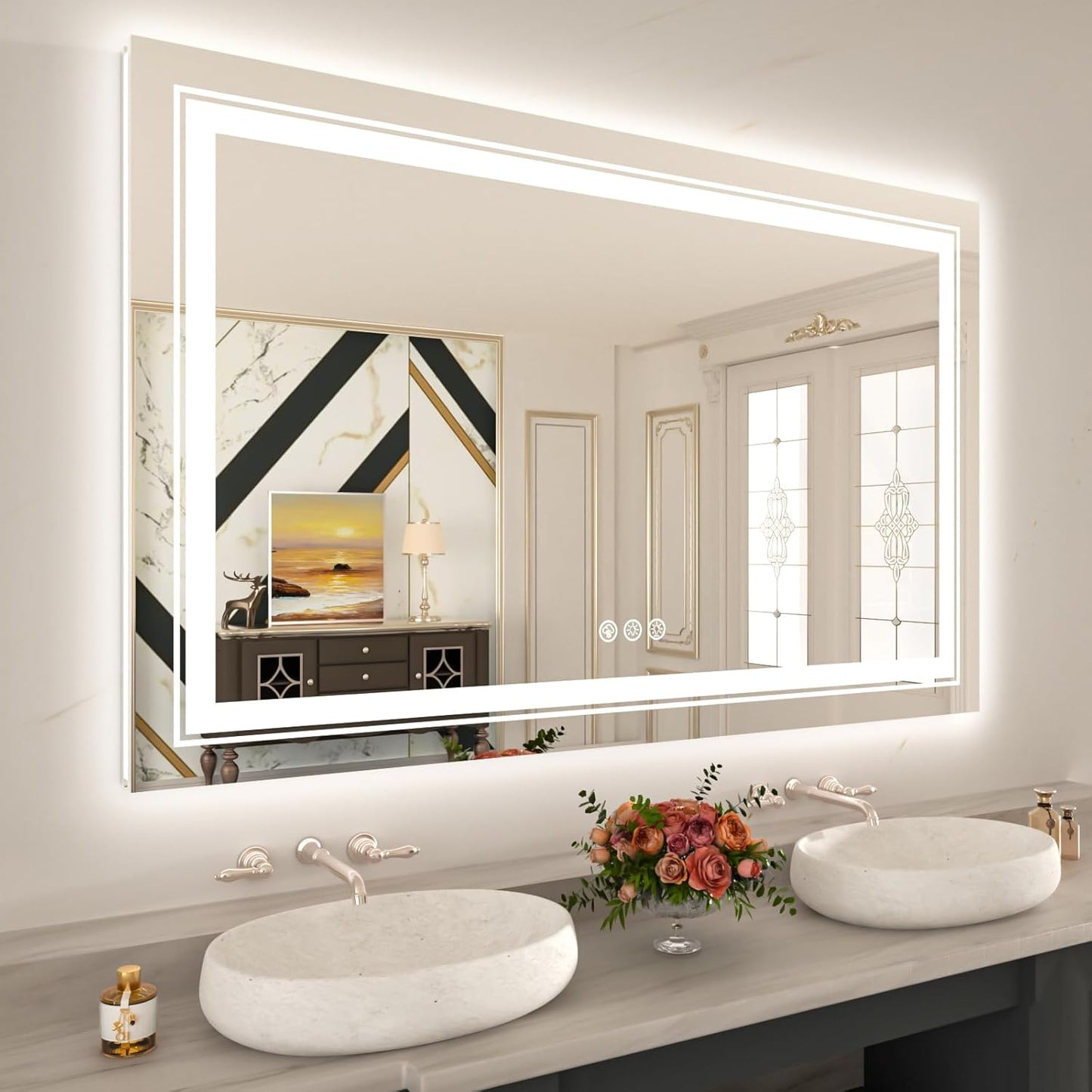 WTTY LED Bathroom Mirror 55"x30" with RGB Backlit and Front Light,Stepless Dimmable LED Mirror for Bathroom,Colored Lighted Bathroom Vanity Mirror,Anti-Fog,Memory Function,Shatter-Proof