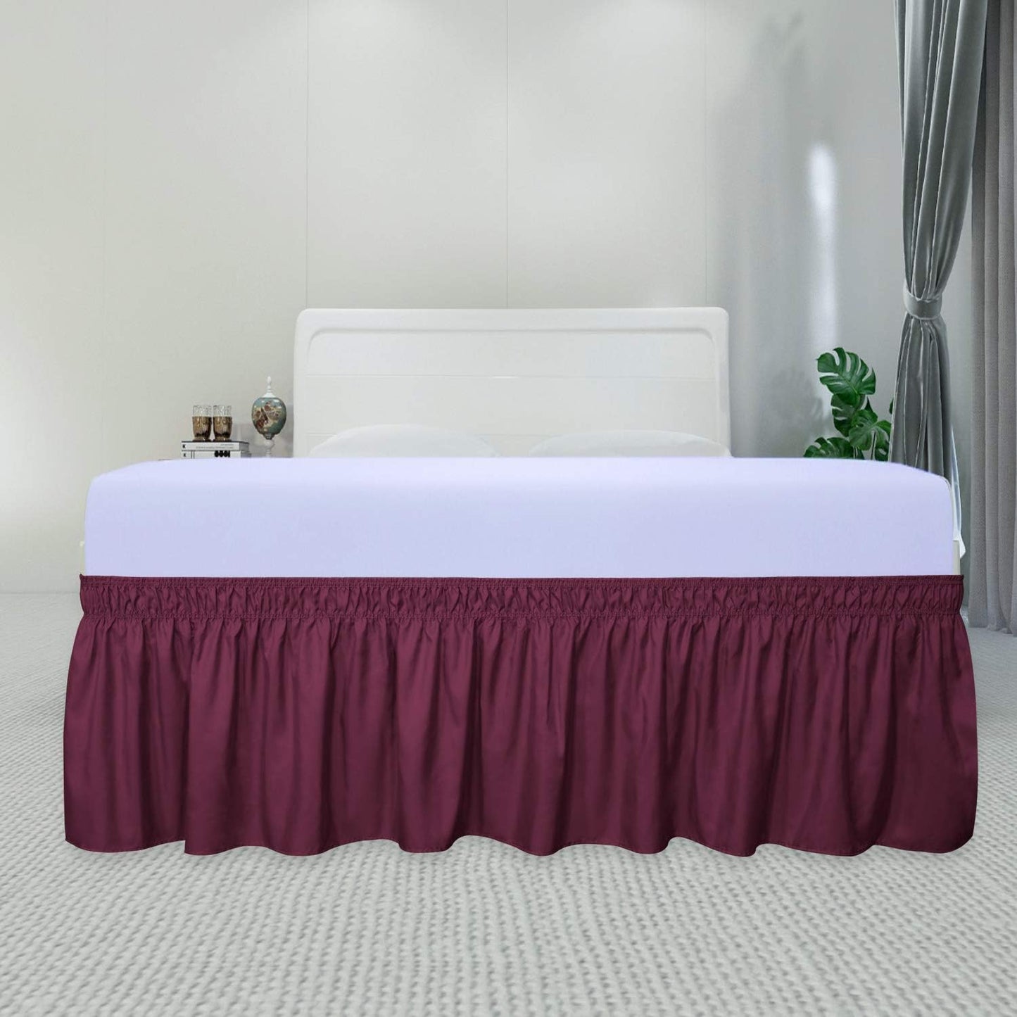 PureFit Wrap Around Ruffled Bed Skirt with Adjustable Elastic Belt - 22 Inch Drop Easy to Put On, Wrinkle Free Bedskirt Dust Ruffles, Bed Frame Cover for Queen, King and C-King Size Beds, Wine