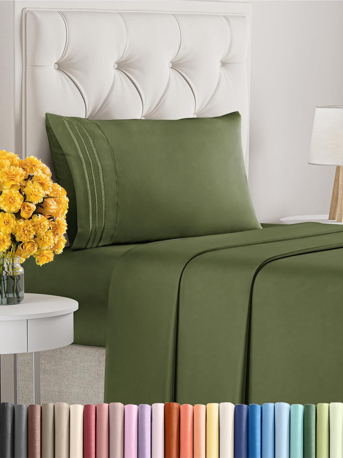 Twin XL Size 3-Piece Sheet Set - Extra Soft, Breathable & Cooling - Hotel Luxury Durable Bed Sheets for Women & Men - Deep Pockets, Easy-Fit & Wrinkle-Free - Deep Olive Oeko-Tex