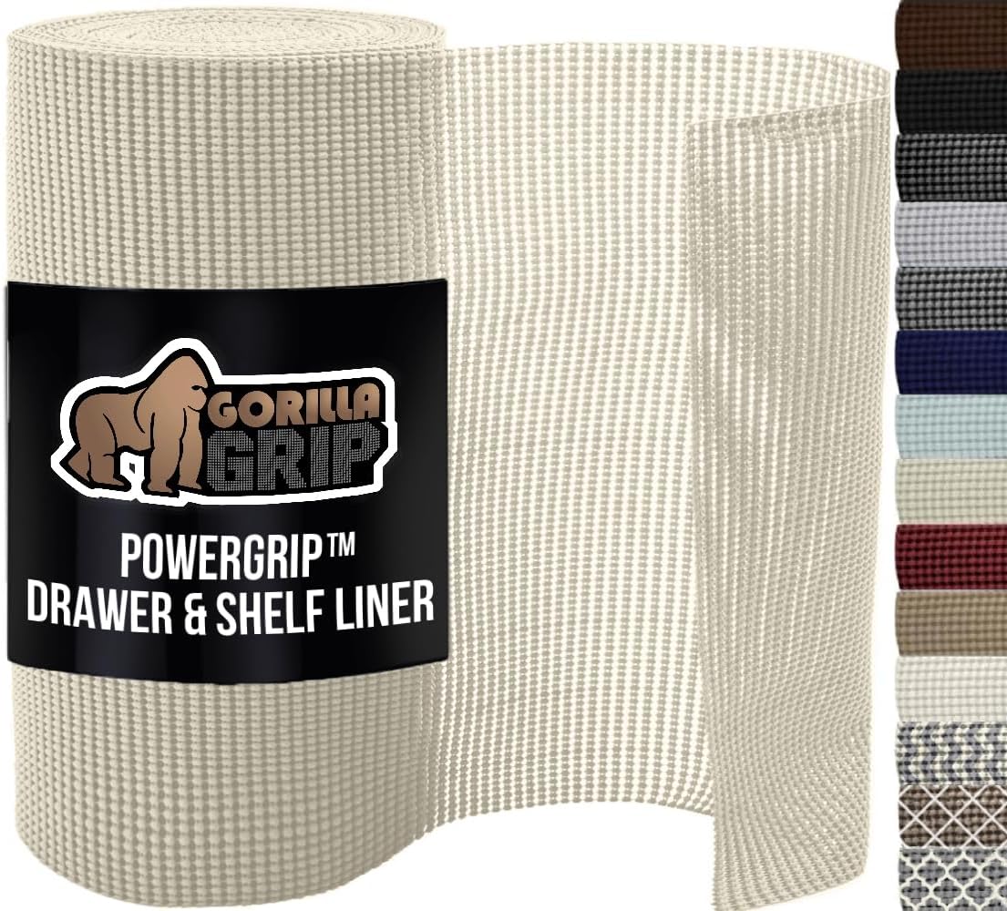 GORILLA GRIP powerGRIP Drawer Shelf and Cabinet Liner, Thick Strong Hold, Non-Adhesive Liners Protect Kitchen Cabinets and Cupboard, Bathroom Drawers, Easy Install, Breathable Mat, 12" x10' Cream