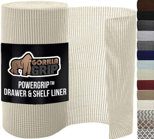GORILLA GRIP powerGRIP Drawer Shelf and Cabinet Liner, Thick Strong Hold, Non-Adhesive Liners Protect Kitchen Cabinets and Cupboard, Bathroom Drawers, Easy Install, Breathable Mat, 20" x20', Cream