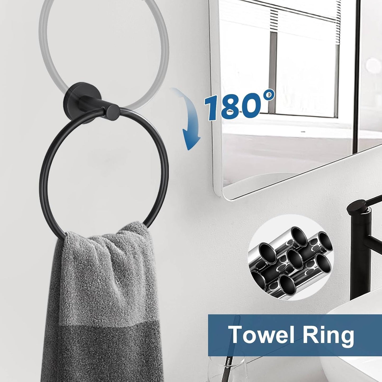 5 Pieces Matte Black Round Towel Bar Set Bathroom Hardware Accessories Set Upgraded Toilet Paper Holder Towel Racks Set for Bathroom Stainless Steel Wall Mounted 23.6 in