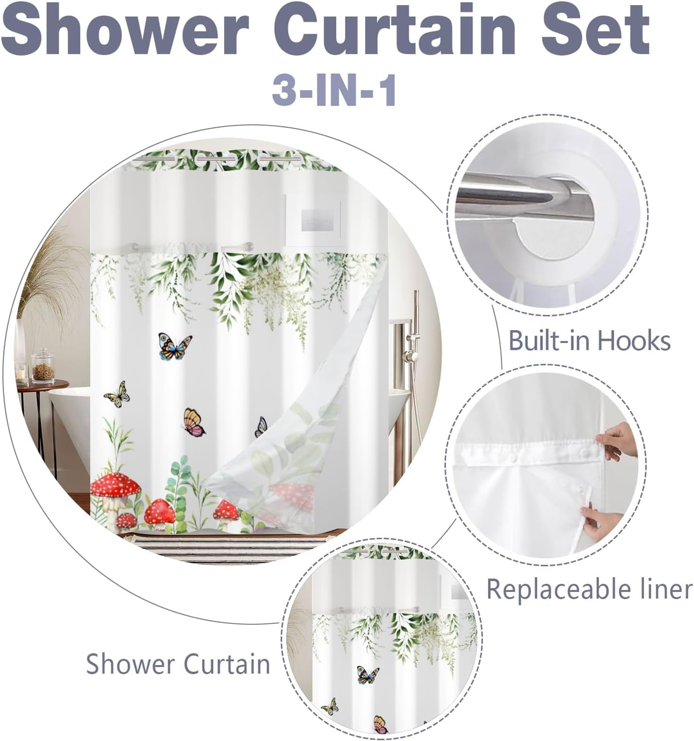 Spring Shower Curtain No Hooks with Snap-in Fabric Liner Set,Green Leaf Mushroom Butterfly Shower Curtain for Bathroom,Hotel Decor Waterproof Shower Curtains,with See Through Top Window,71W x 74H